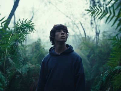 A boy in a navy hoodie is framed by ferns in a medium shot from The Animal Kingdom