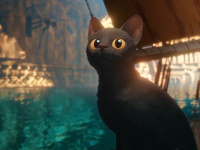 A gray-black cat is seated on a ship illuminated by sunlight in a still image from Flow.