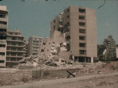 A still image of a collapsed building from Jocelyne Saab's Beirut Trilogy 